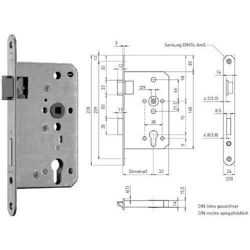 BMH Feuerschutz-Panik-Einsteckschloss 1028PZ DIN rechts 20/55/72/9 Funktion B