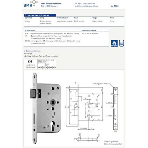 FH Einsteckschloß Feuerschutz BMH 1000 Stahltüren 65 Dorn 65-72-9-24 DIN links 